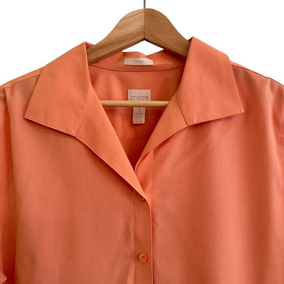 Chico’s No Iron Button Down Sz 3 XL Sz 16 Peach Orange Tunic Length Coastal Prep - Picture 2 of 6